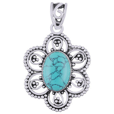 Gorgeous Flower Rawa And Wire Work Around Turquoise Oval Shape 925 Sterling Solid Silver Pendants - R101947-2