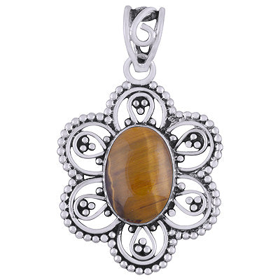 Gorgeous Flower Rawa And Wire Work Around Tiger's Eye Oval Shape 925 Sterling Solid Silver Pendants - R101947-9