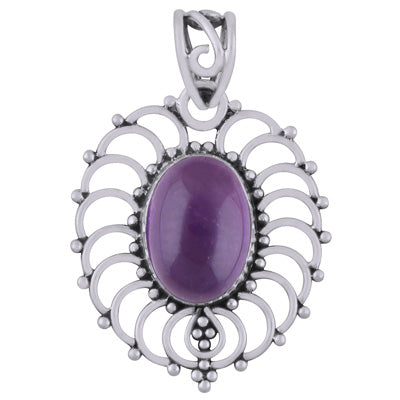 Beautiful Handcrafted Rawa Work Around Amethyst Oval Shape 925 Sterling Solid Silver Pendant - R101948-1