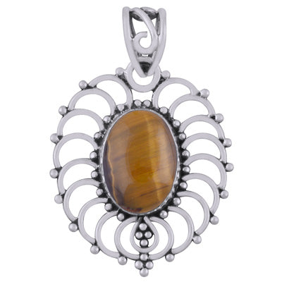 Beautiful Handcrafted Rawa Work Around Tiger's Eye Oval Shape 925 Sterling Solid Silver Pendant - R101948-10
