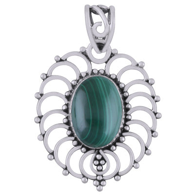 Beautiful Handcrafted Rawa Work Around Malachite Oval Shape 925 Sterling Solid Silver Pendant - R101948-11