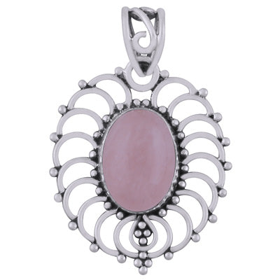 Beautiful Handcrafted Rawa Work Around Rose Quartz Oval Shape 925 Sterling Solid Silver Pendant - R101948-12