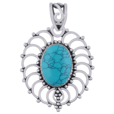 Beautiful Handcrafted Rawa Work Around Turquoise Oval Shape 925 Sterling Solid Silver Pendant - R101948-3