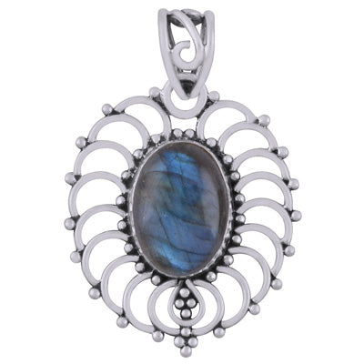 Beautiful Handcrafted Rawa Work Around Labradorite Oval Shape 925 Sterling Solid Silver Pendant - R101948-5