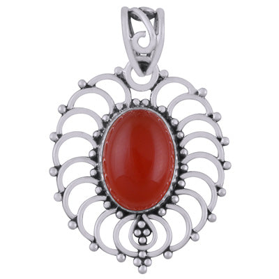 Beautiful Handcrafted Rawa Work Around Carnelian Oval Shape 925 Sterling Solid Silver Pendant - R101948-6