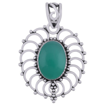 Beautiful Handcrafted Rawa Work Around Green Onyx Oval Shape 925 Sterling Solid Silver Pendant - R101948-7