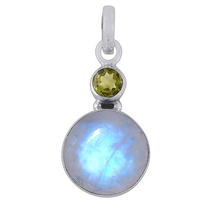Beautiful Seated Multiple Gemstones Peridot,Rainbow Moonstone Round Shape 925 Sterling Solid Silver Pendants - R101975-13