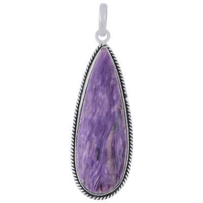 Beautiful Textured Wire Around Charoite Pear Shape 925 Sterling Solid Silver Pendant - R101984-20