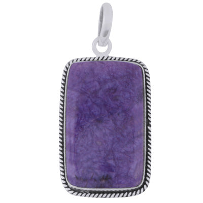 Beautiful Textured Wire Around Charoite Rectangle Shape 925 Sterling Solid Silver Pendant - R101984-29
