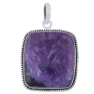 Beautiful Textured Wire Around Charoite Rectangle Shape 925 Sterling Solid Silver Pendant - R101984-31