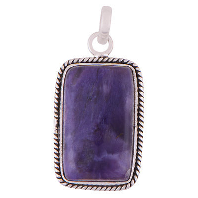 Beautiful Textured Wire Around Charoite Rectangle Shape 925 Sterling Solid Silver Pendant - R101984-4