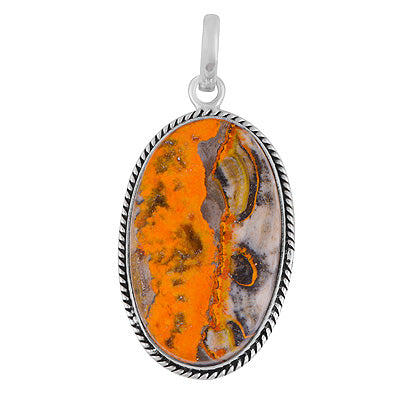 Beautiful Textured Wire Around BumbleBee Jasper Oval Shape 925 Sterling Solid Silver Pendant - R101986-27