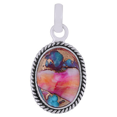 Authentic Wire Work Around Pink Dahlia Copper Turquoise Oval Shape 925 Sterling Solid Silver Pendants - R101991-1