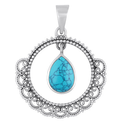 Gorgeous work Around Dangling Gemstone Turquoise Pear Shape 925 Sterling Solid Silver Pendant - R101998-3