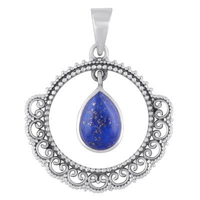 Gorgeous work Around Dangling Gemstone Lapis Pear Shape 925 Sterling Solid Silver Pendant - R101998-6