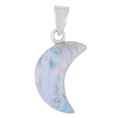 Beautiful Crescent Moon Carved out of Gemstone Larimar 925 Sterling Solid Silver Pendant - R102000-10