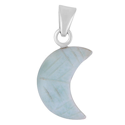 Beautiful Crescent Moon Carved out of Gemstone Larimar 925 Sterling Solid Silver Pendant - R102000-11