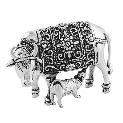Beautiful Handcrafted Kamdhenu Cow And Calf Statue Plain 925 Sterling Solid Silver Article - R1020008-1