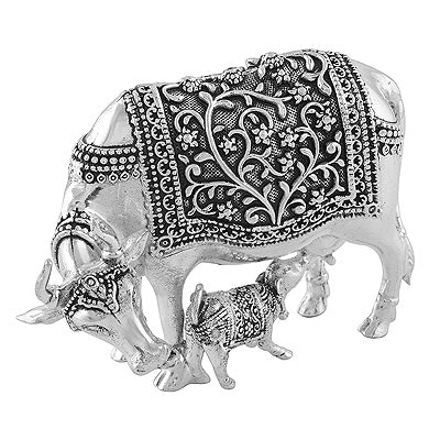 Beautiful Handcrafted Kamdhenu Cow And Calf Statue Plain 925 Sterling Solid Silver Article - R1020008-2