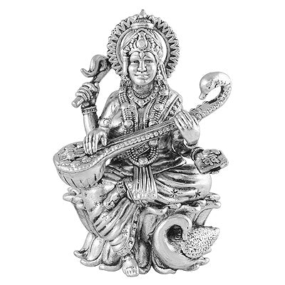 Gorgeous Lord Saraswati Statue (Murti) Plain 925 Sterling Solid Silver Article - R1020009-1