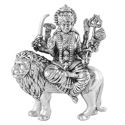 Gorgeous Lord Maa Durga Statue On Lion Statue (Murti) Plain 925 Sterling Solid Silver Article - R1020009-2