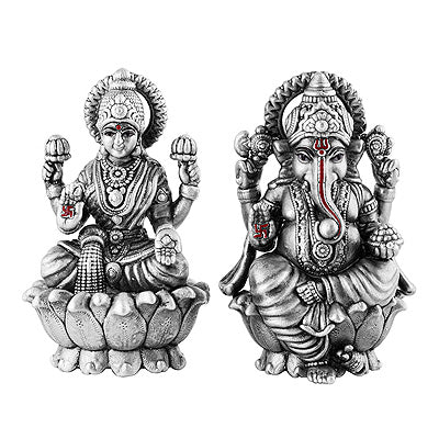 Gorgeous Lord Laxmi And Ganesh Statue (Murti) Plain 925 Sterling Solid Silver Article - R1020009-3