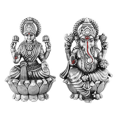 Gorgeous Lord Laxmi And Ganesh Statue (Murti) Plain 925 Sterling Solid Silver Article - R1020009-4