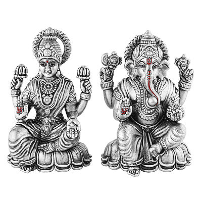 Gorgeous Lord Laxmi And Ganesh Statue (Murti) Plain 925 Sterling Solid Silver Article - R1020009-5