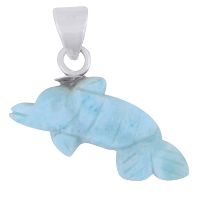 Alluring Fish Carved out of Gemstone Larimar 925 Sterling Solid Silver Pendant - R102001-15