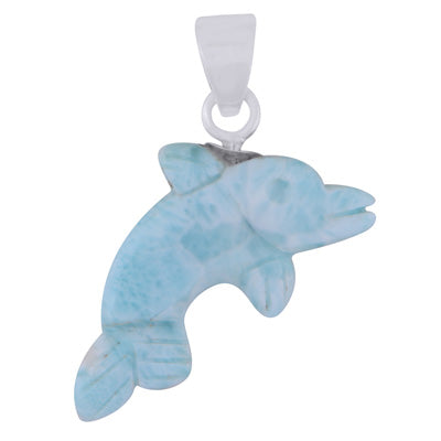 Alluring Fish Carved out of Gemstone Larimar 925 Sterling Solid Silver Pendant - R102001-8