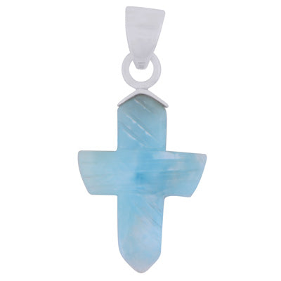 Stunning Cross Carved out of Gemstone Larimar 925 Sterling Solid Silver Pendant - R102002-11