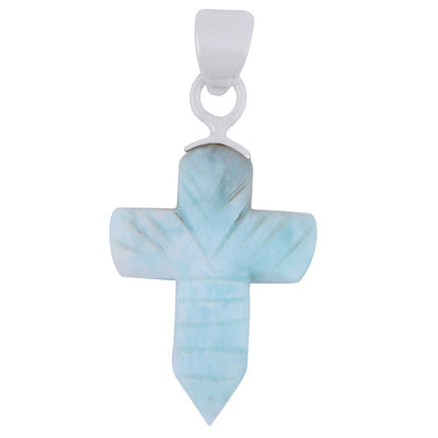Stunning Cross Carved out of Gemstone Larimar 925 Sterling Solid Silver Pendant - R102002-13