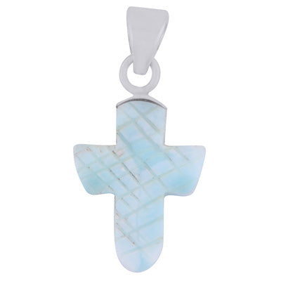 Stunning Cross Carved out of Gemstone Larimar 925 Sterling Solid Silver Pendant - R102002-14