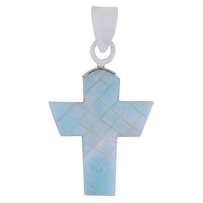 Stunning Cross Carved out of Gemstone Larimar 925 Sterling Solid Silver Pendant - R102002-19