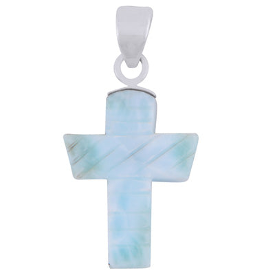 Stunning Cross Carved out of Gemstone Larimar 925 Sterling Solid Silver Pendant - R102002-20