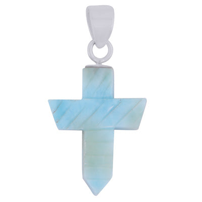 Stunning Cross Carved out of Gemstone Larimar 925 Sterling Solid Silver Pendant - R102002-21