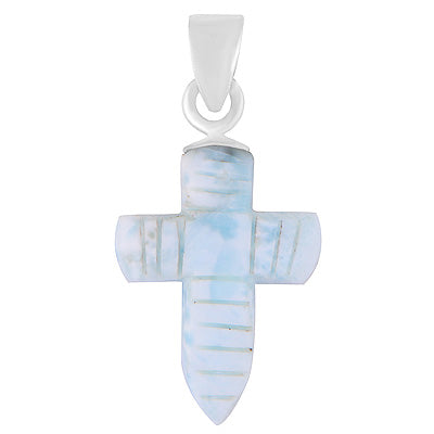 Stunning Cross Carved out of Gemstone Larimar 925 Sterling Solid Silver Pendant - R102002-23