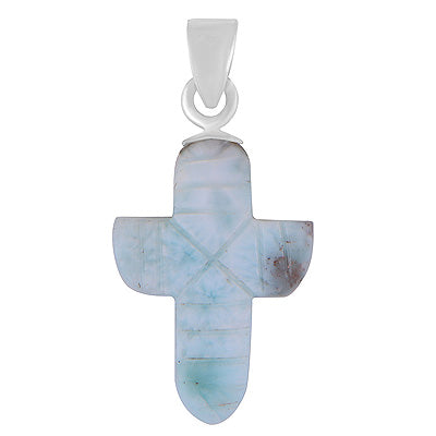 Stunning Cross Carved out of Gemstone Larimar 925 Sterling Solid Silver Pendant - R102002-30