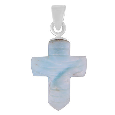 Stunning Cross Carved out of Gemstone Larimar 925 Sterling Solid Silver Pendant - R102002-34