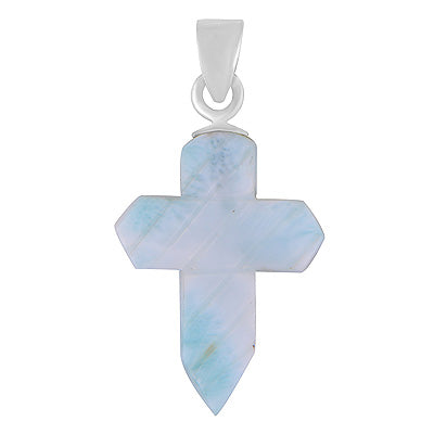 Stunning Cross Carved out of Gemstone Larimar 925 Sterling Solid Silver Pendant - R102002-35