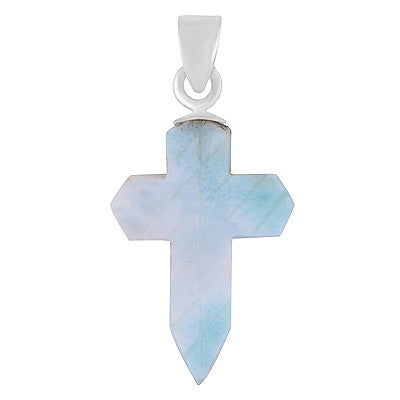 Stunning Cross Carved out of Gemstone Larimar 925 Sterling Solid Silver Pendant - R102002-36