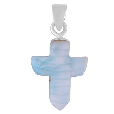 Stunning Cross Carved out of Gemstone Larimar 925 Sterling Solid Silver Pendant - R102002-38