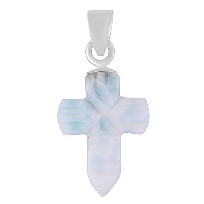 Stunning Cross Carved out of Gemstone Larimar 925 Sterling Solid Silver Pendant - R102002-39