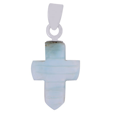 Stunning Cross Carved out of Gemstone Larimar 925 Sterling Solid Silver Pendant - R102002-4