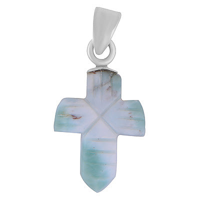 Stunning Cross Carved out of Gemstone Larimar 925 Sterling Solid Silver Pendant - R102002-40