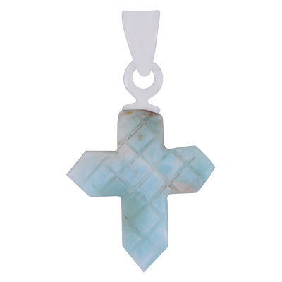 Stunning Cross Carved out of Gemstone Larimar 925 Sterling Solid Silver Pendant - R102002-5