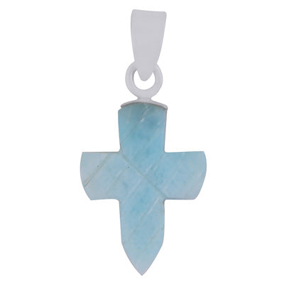 Stunning Cross Carved out of Gemstone Larimar 925 Sterling Solid Silver Pendant - R102002-7