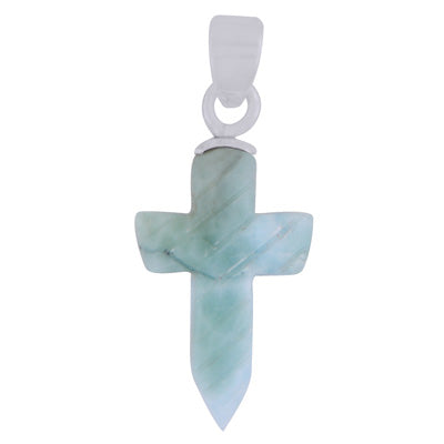 Stunning Cross Carved out of Gemstone Larimar 925 Sterling Solid Silver Pendant - R102002-8