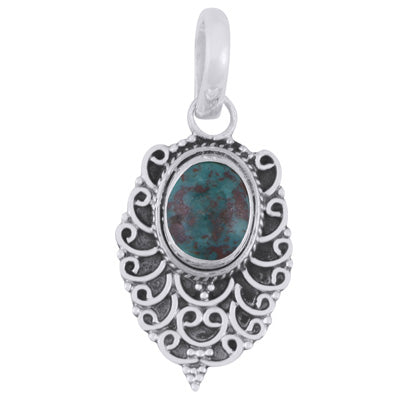 Stunning Oxidised Handcrafted Work Around Turquoise Oval Shape 925 Sterling Solid Silver Pendant - R102006-2
