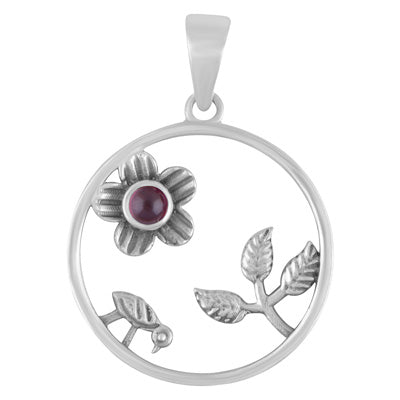 Gorgeous Handcrafted Nature-Themed Garnet Round Shape 925 Sterling Solid Silver Pendant - R102007-3